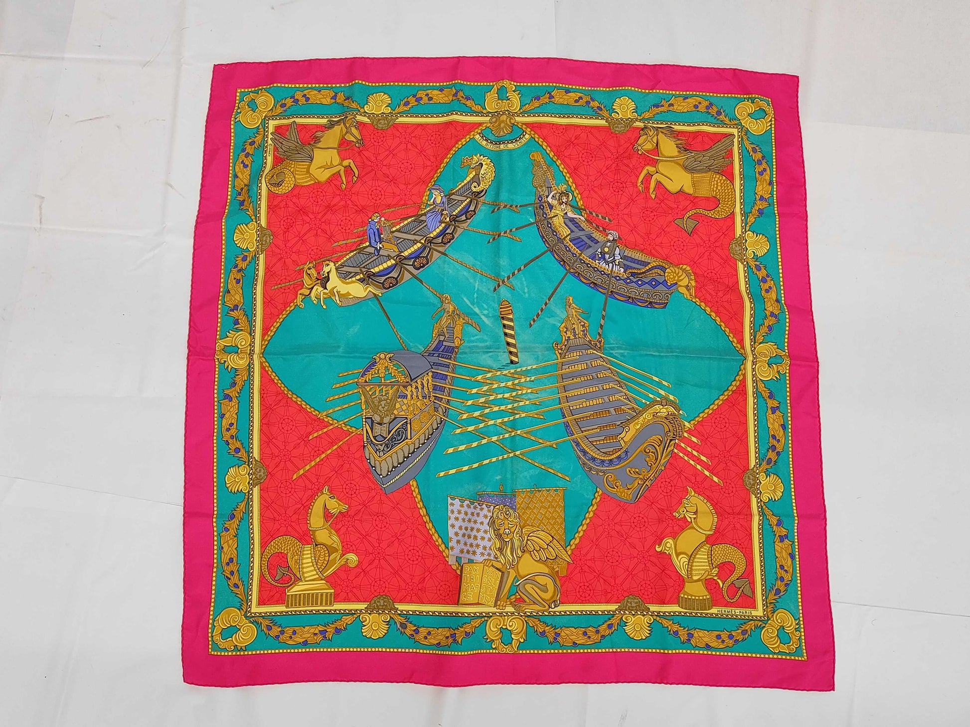 HERMES Silk Carré 90 "Les Bissons de Venice" Venice Ships Pink Multicolor Scarf