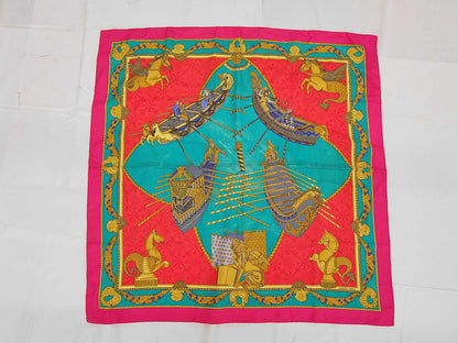HERMES Silk Carré 90 "Les Bissons de Venice" Venice Ships Pink Multicolor Scarf