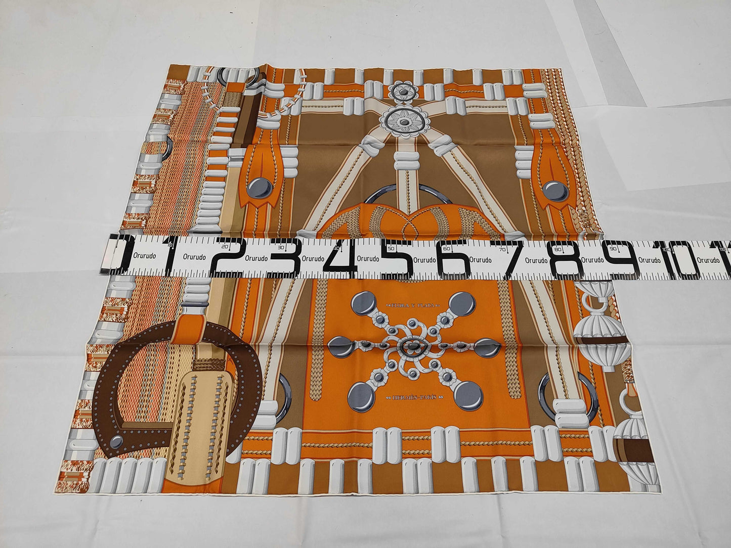 HERMES Silk Carré 90 Flora y Plata Scarf with Silver Flowers in Orange and Brown