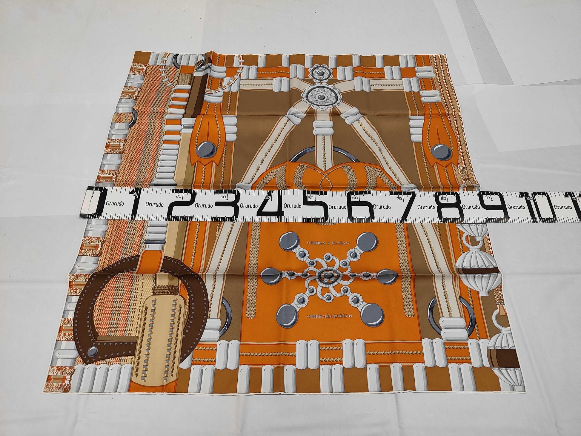 HERMES Silk Carré 90 Flora y Plata Scarf with Silver Flowers in Orange and Brown