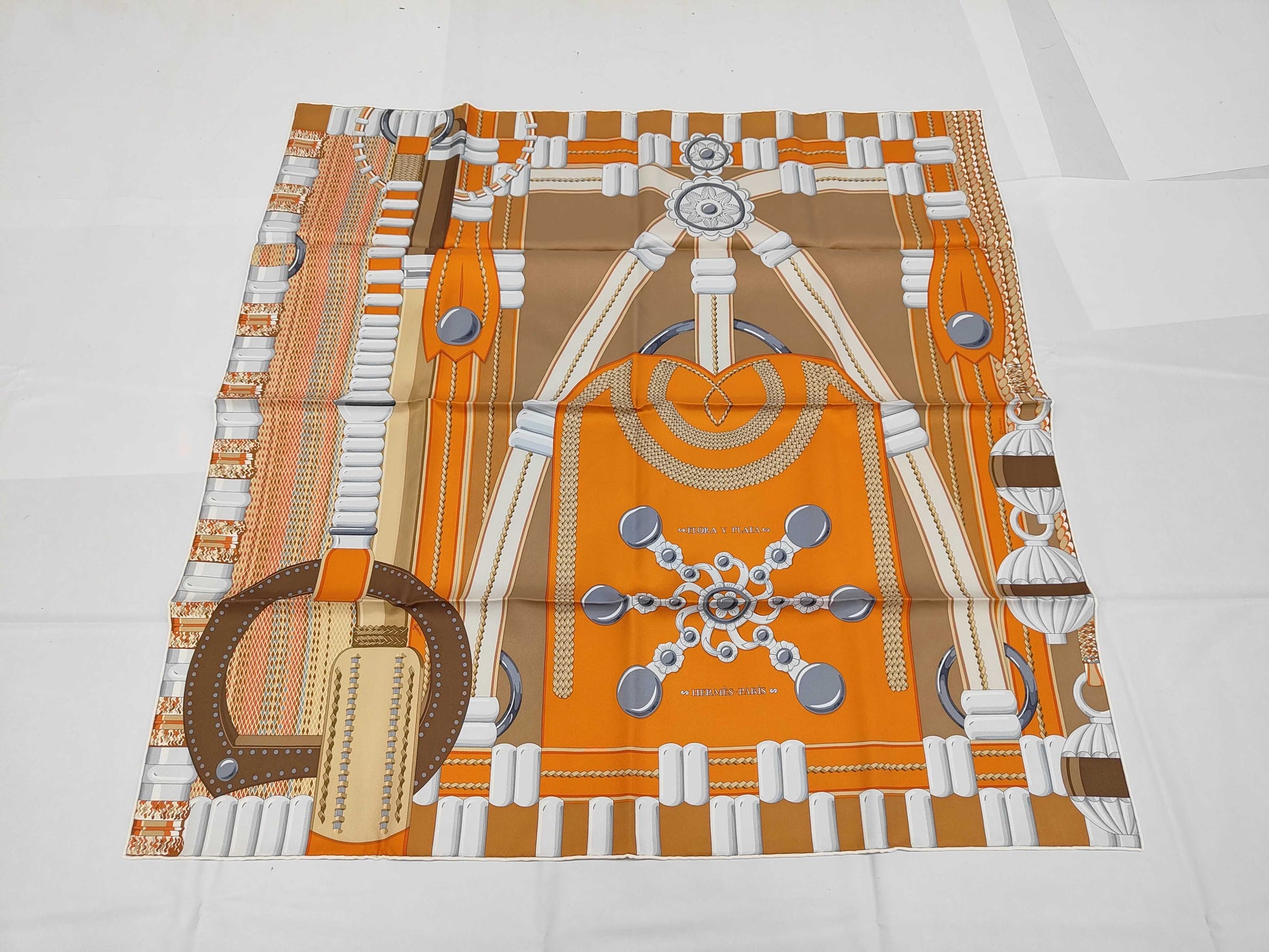 HERMES Silk Carré 90 Flora y Plata Scarf with Silver Flowers in Orange and Brown