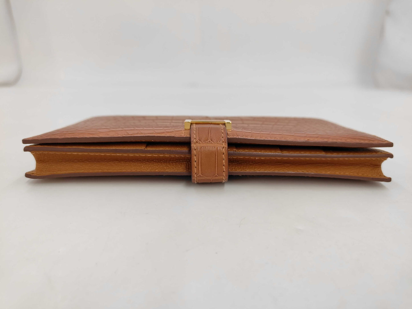 HERMES Bearn soufflet long wallet, crocodile, matte alligator leather, U stamp, gold hardware, brown wallet