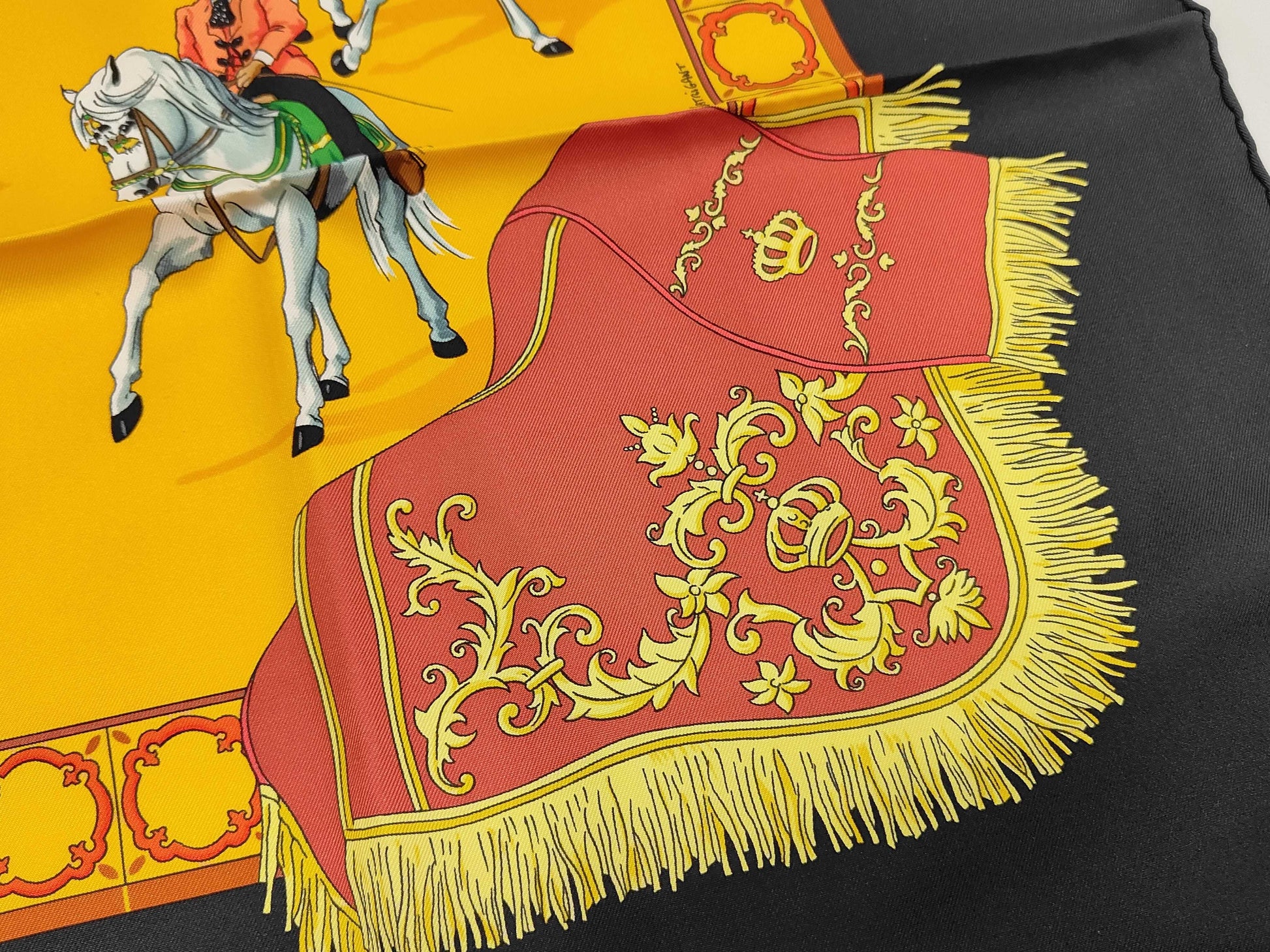 HERMES Silk Carré 90 "Real Escuela Andaluza Del Arte Ecuestre" Scarf in Yellow, Black, and Multicolor with Box