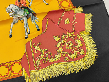 HERMES Silk Carré 90 "Real Escuela Andaluza Del Arte Ecuestre" Scarf in Yellow, Black, and Multicolor with Box