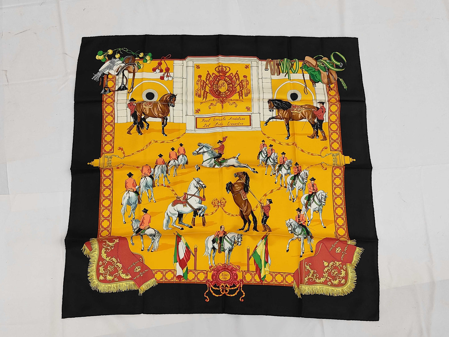 HERMES Silk Carré 90 "Real Escuela Andaluza Del Arte Ecuestre" Scarf in Yellow, Black, and Multicolor with Box