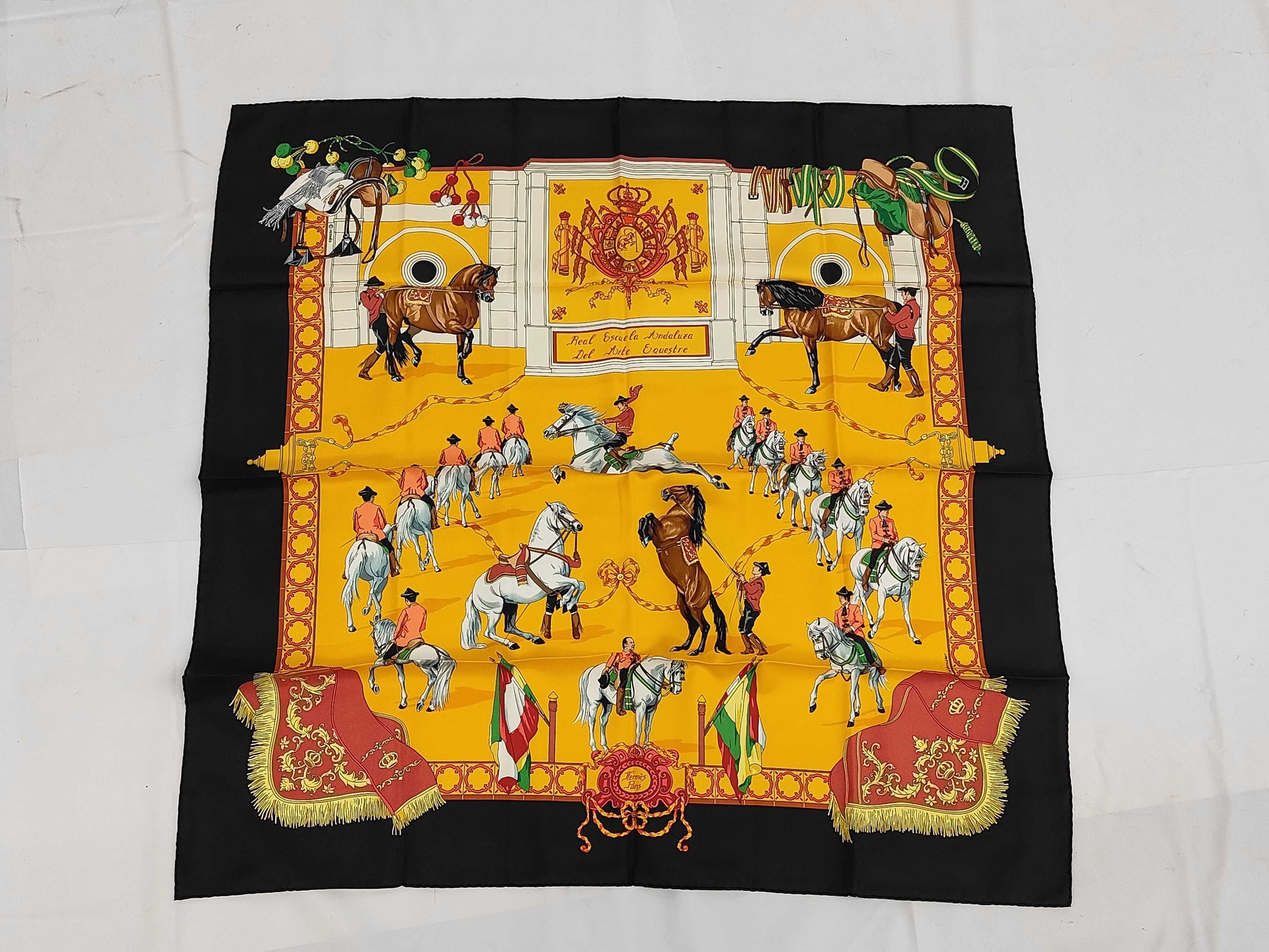 HERMES Silk Carré 90 "Real Escuela Andaluza Del Arte Ecuestre" Scarf in Yellow, Black, and Multicolor with Box