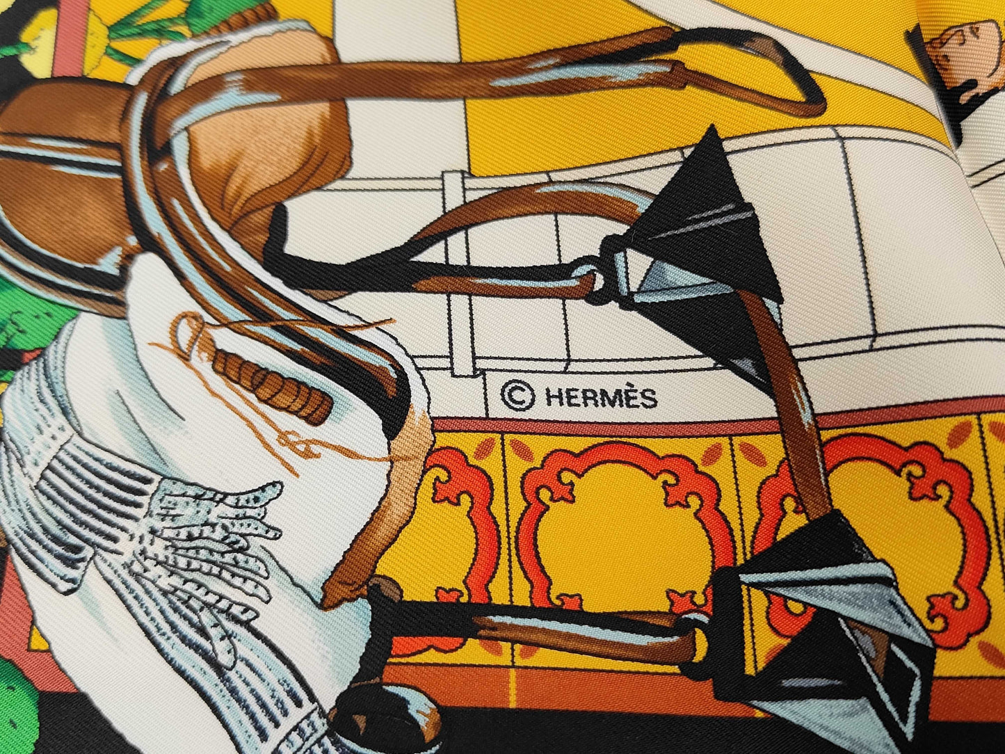 HERMES Silk Carré 90 "Real Escuela Andaluza Del Arte Ecuestre" Scarf in Yellow, Black, and Multicolor with Box