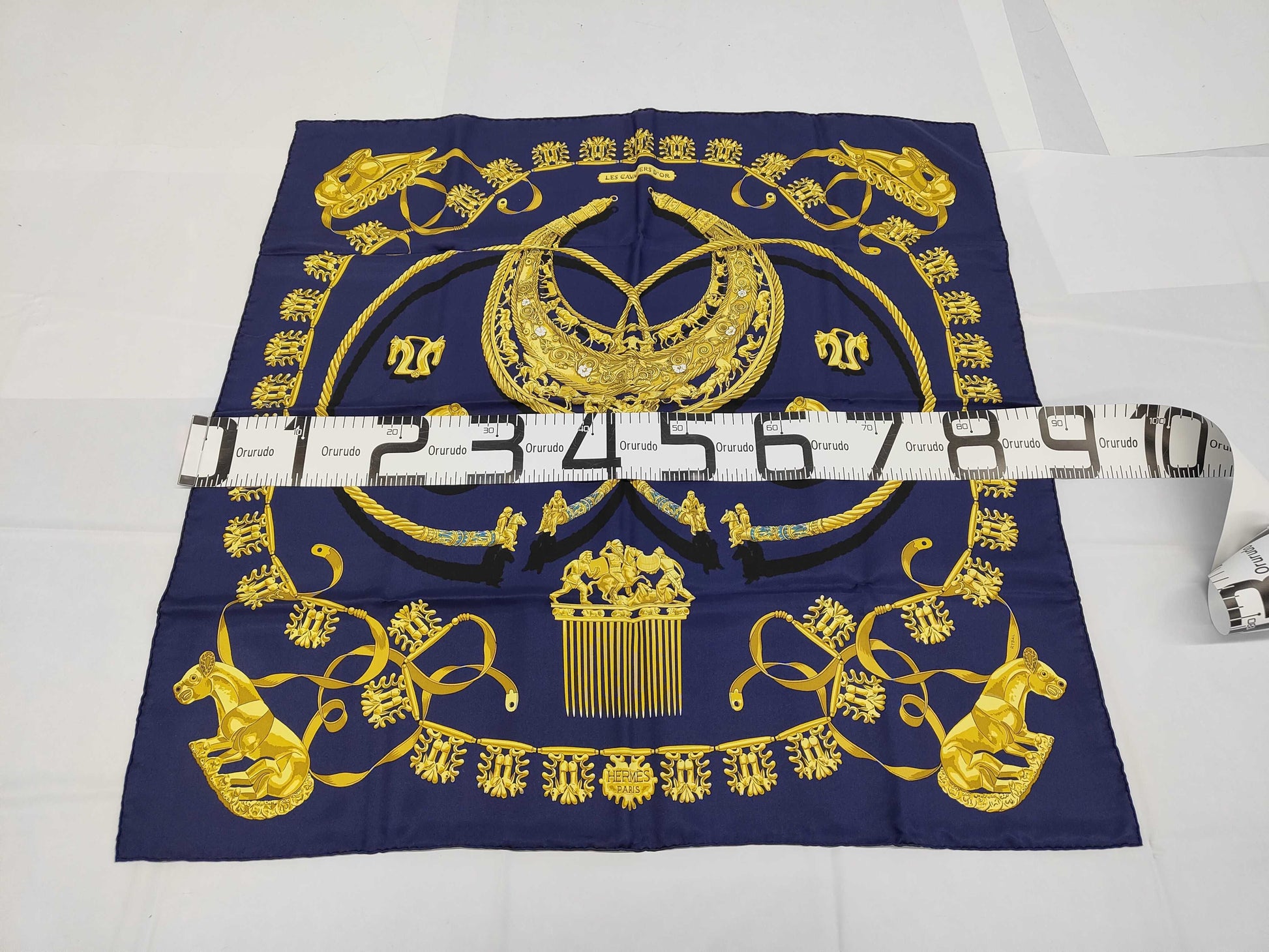 HERMES Silk Carré 90 "Les Cavaliers D'or" Golden Knights Navy Yellow Scarf with Box