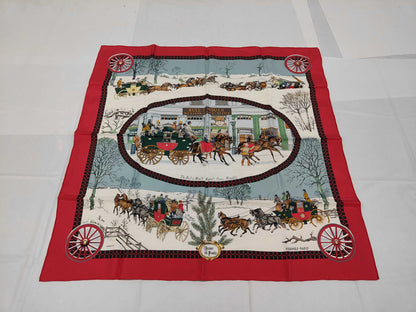 HERMES Silk Carré 90 "LHiver en Poste" Winter Mail Carriage Red and White Scarf with Box