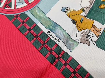 HERMES Silk Carré 90 "LHiver en Poste" Winter Mail Carriage Red and White Scarf with Box