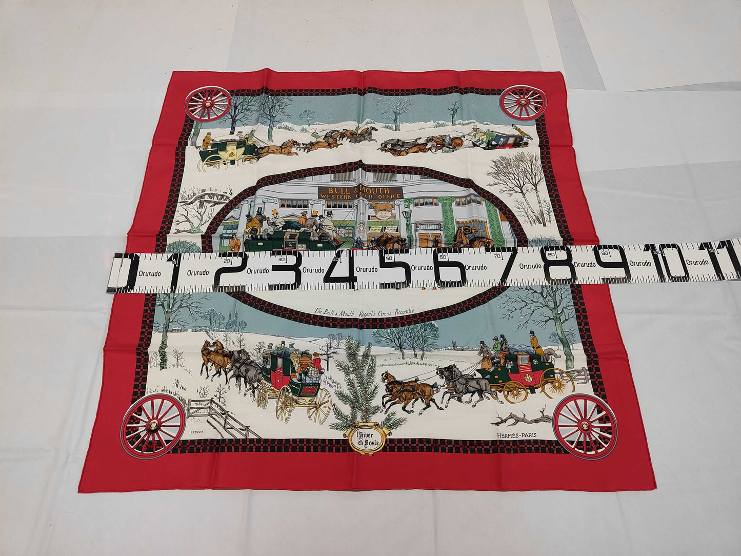 HERMES Silk Carré 90 "LHiver en Poste" Winter Mail Carriage Red and White Scarf with Box