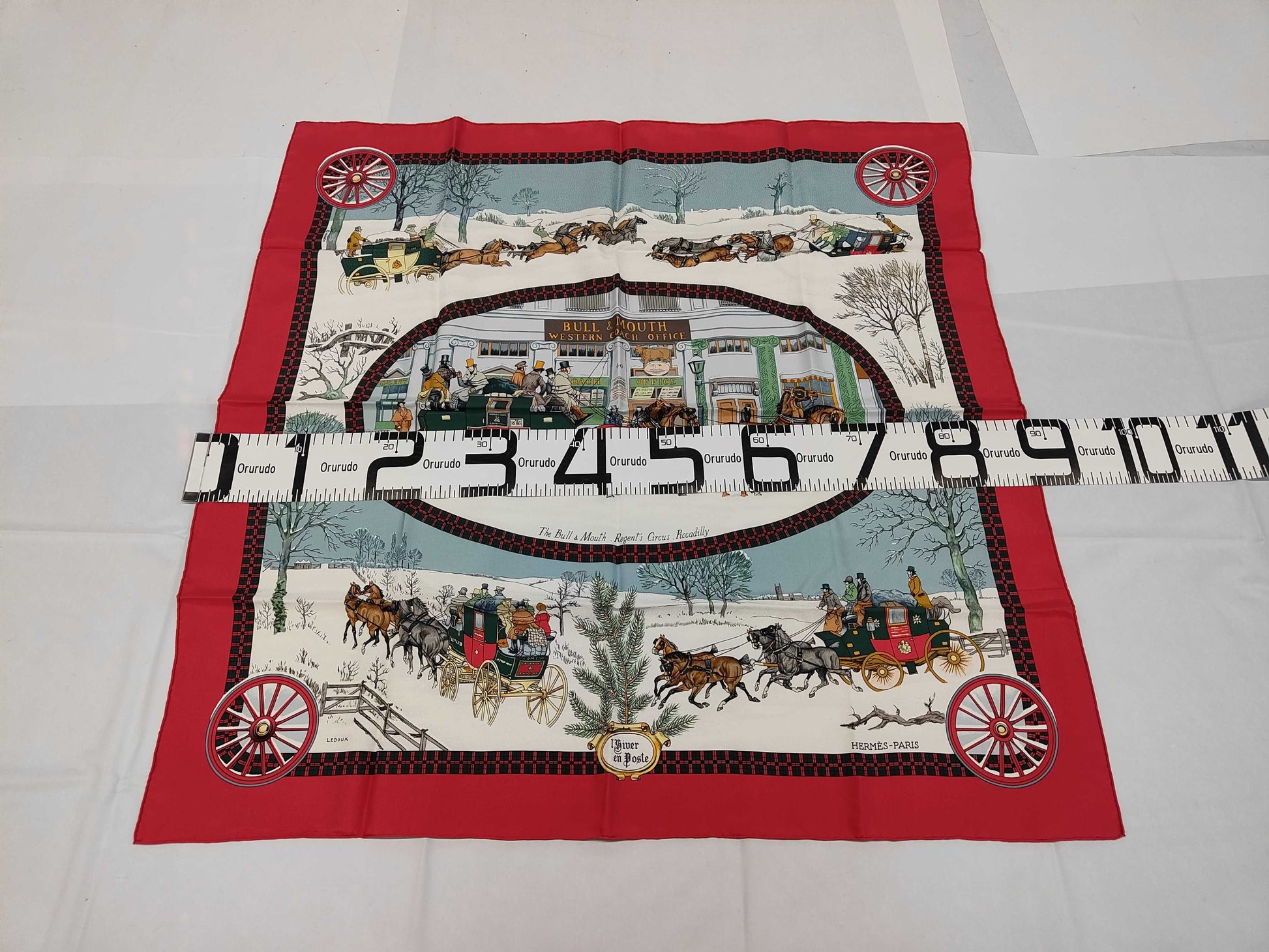 HERMES Silk Carré 90 "LHiver en Poste" Winter Mail Carriage Red and White Scarf with Box