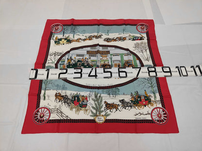 HERMES Silk Carré 90 "LHiver en Poste" Winter Mail Carriage Red and White Scarf with Box
