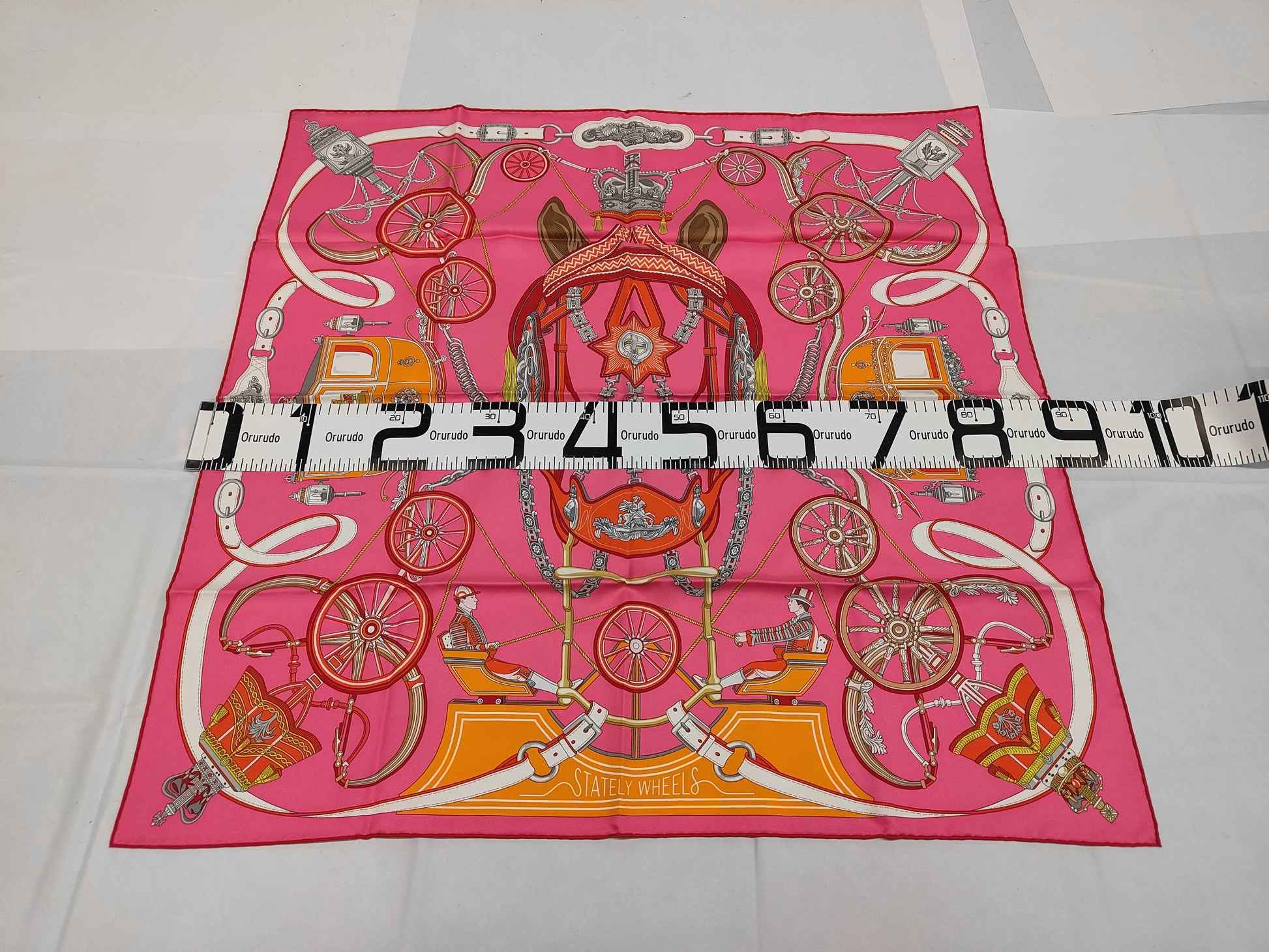 HERMES Silk Carré 90 Stately Wheels Pink Scarf with Box