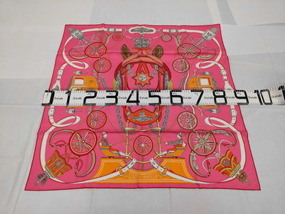 HERMES Silk Carré 90 Stately Wheels Pink Scarf with Box