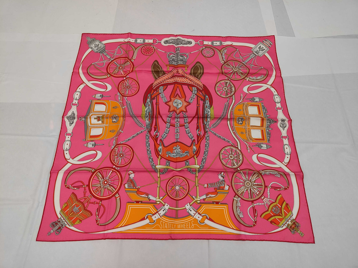 HERMES Silk Carré 90 Stately Wheels Pink Scarf with Box