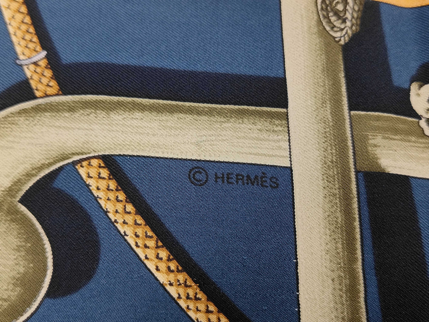 HERMES Silk Carré 90 Cannes & Pommeaux Walking Stick Pattern Scarf in Navy Multicolor with Box