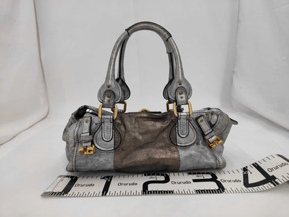 Chloe Leather Paddington Handbag in Silver with Padlock and Key