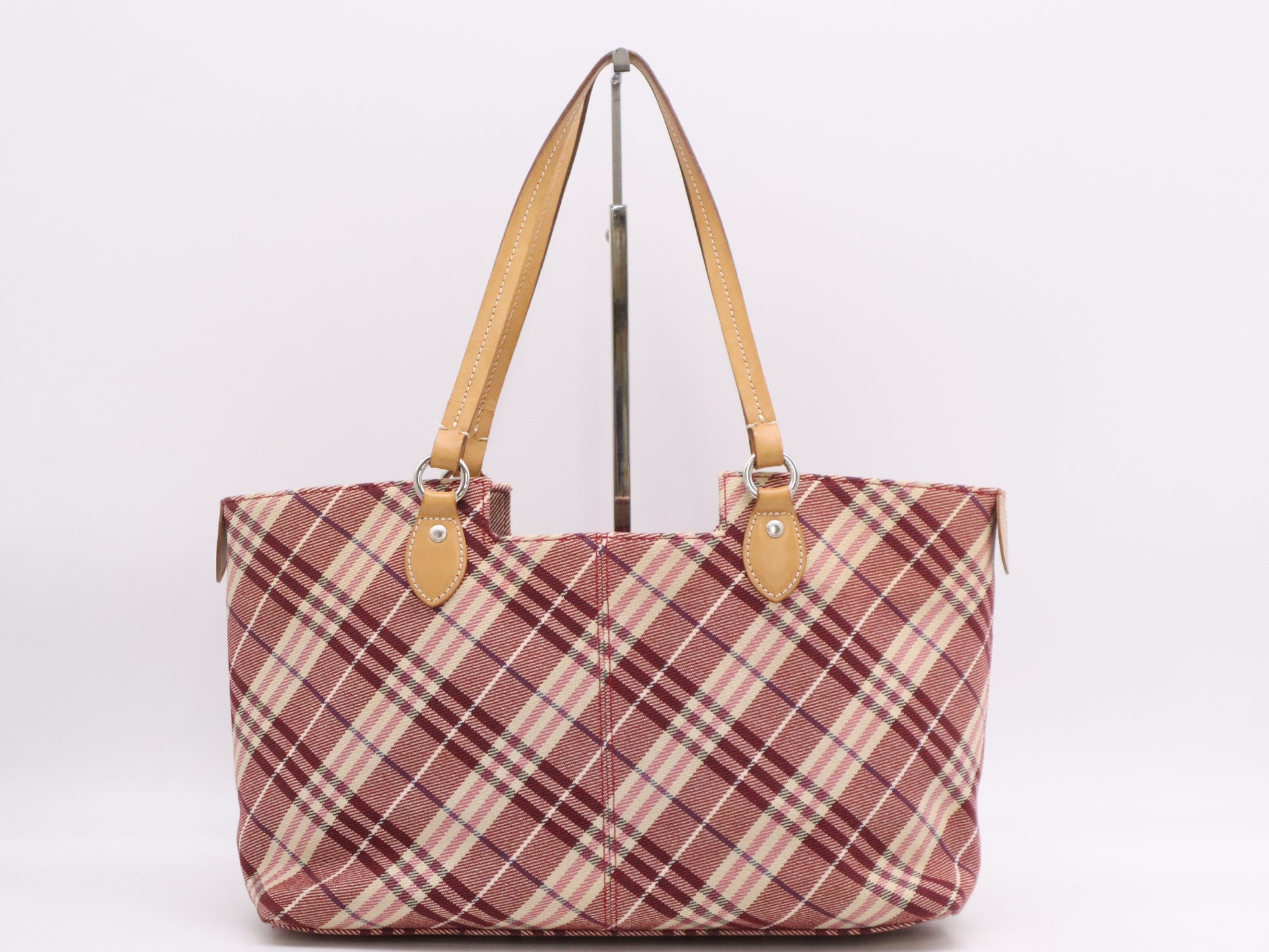 BURBERRY Canvas and Leather Tote Bag Check Pattern Red Tote Bag