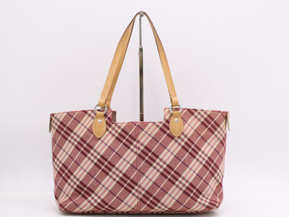 BURBERRY Canvas and Leather Tote Bag Check Pattern Red Tote Bag