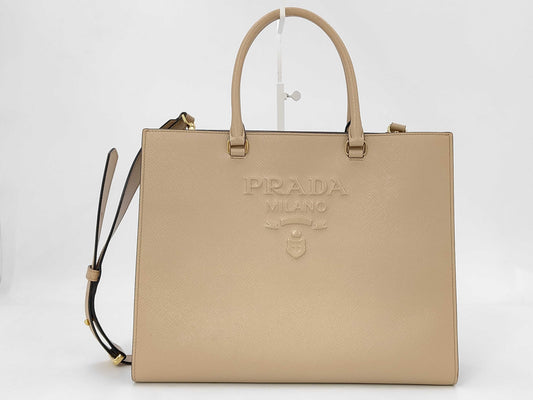 PRADA 1BA337 Saffiano Leather Large 2-Way Tote Bag, Beige, with Strap