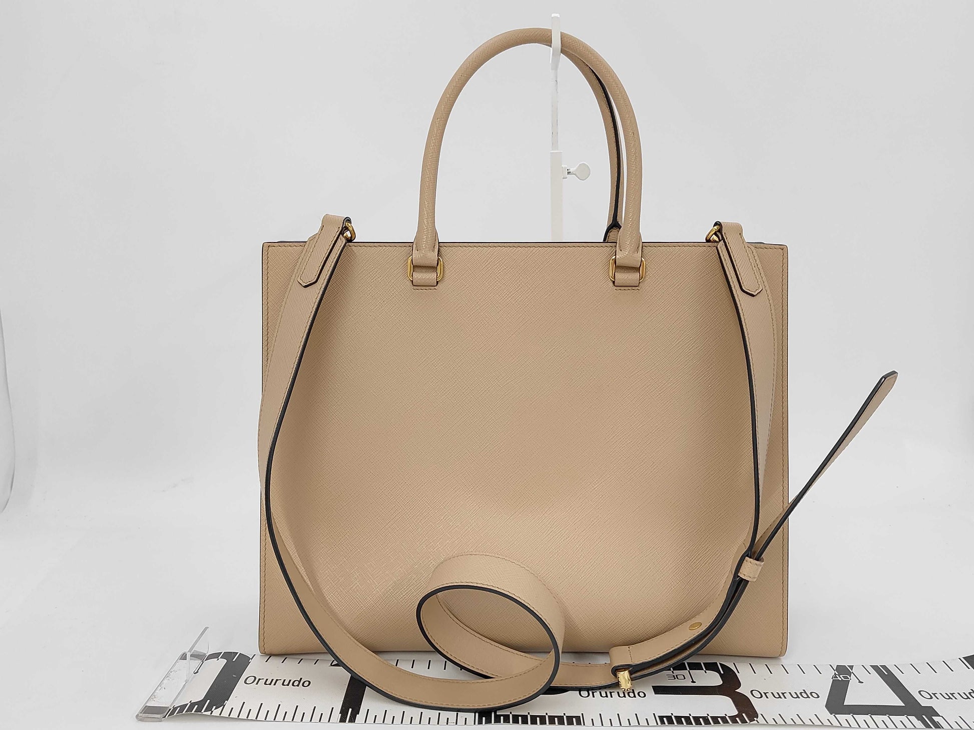 PRADA 1BA337 Saffiano Leather Large 2-Way Tote Bag, Beige, with Strap