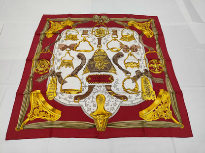 HERMES Silk Carré 90 ETRIERS Armor Scarf Brown Red White Yellow