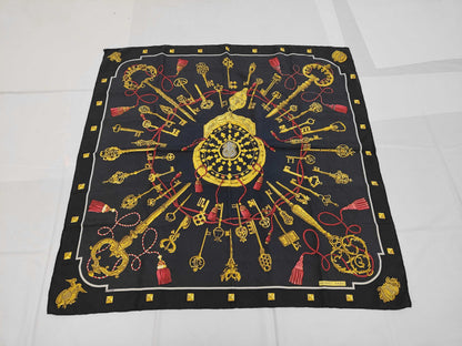 HERMES Silk Carré 90 LES CLES THE KEYS Scarf Black Yellow Red