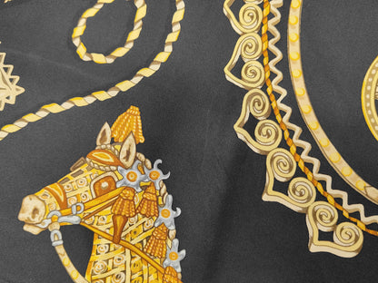 HERMES Silk Carré 90 SELLES A HOUSSE Cover Saddle Black Yellow Scarf