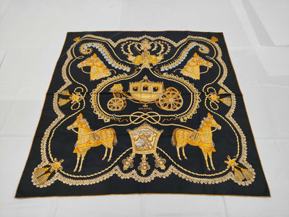 HERMES Silk Carré 90 SELLES A HOUSSE Cover Saddle Black Yellow Scarf