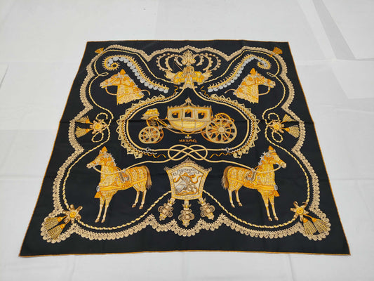 HERMES Silk Carré 90 SELLES A HOUSSE Cover Saddle Black Yellow Scarf