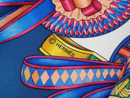 HERMES Silk Carré 90 LES RUBANS DU CHEVAL Horse Ribbon Blue Multicolor Scarf