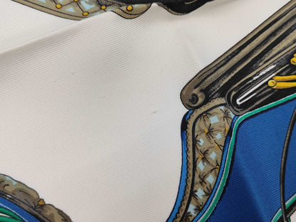 HERMES Silk Carré 90 "Les Voitures a Transformation" Folding Carriage Blue Multicolor Scarf