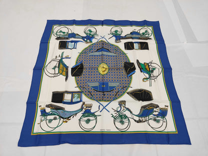 HERMES Silk Carré 90 "Les Voitures a Transformation" Folding Carriage Blue Multicolor Scarf