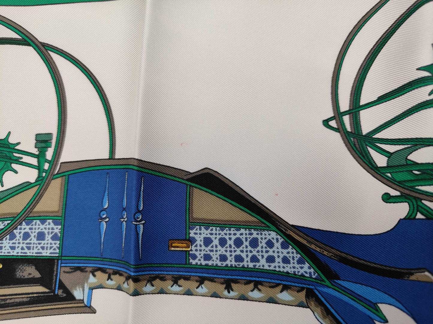 HERMES Silk Carré 90 "Les Voitures a Transformation" Folding Carriage Blue Multicolor Scarf