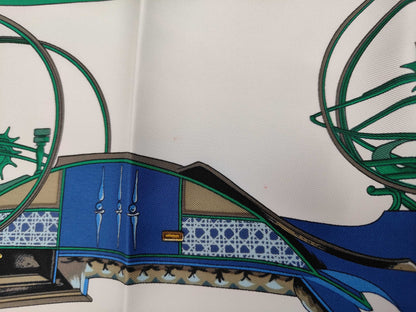 HERMES Silk Carré 90 "Les Voitures a Transformation" Folding Carriage Blue Multicolor Scarf