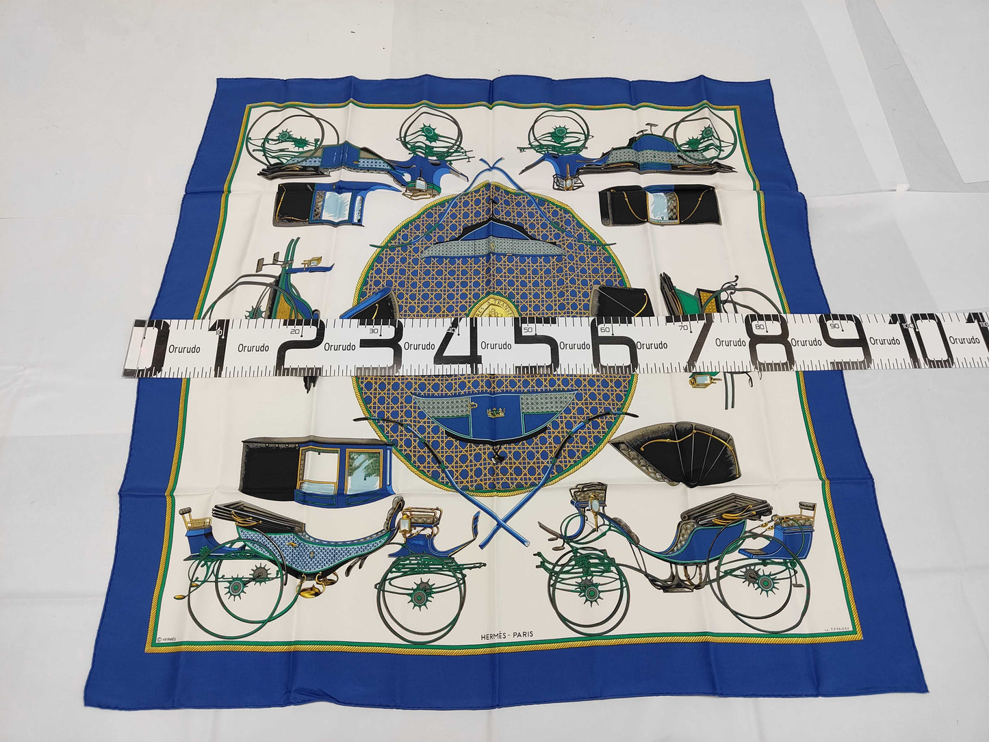 HERMES Silk Carré 90 "Les Voitures a Transformation" Folding Carriage Blue Multicolor Scarf