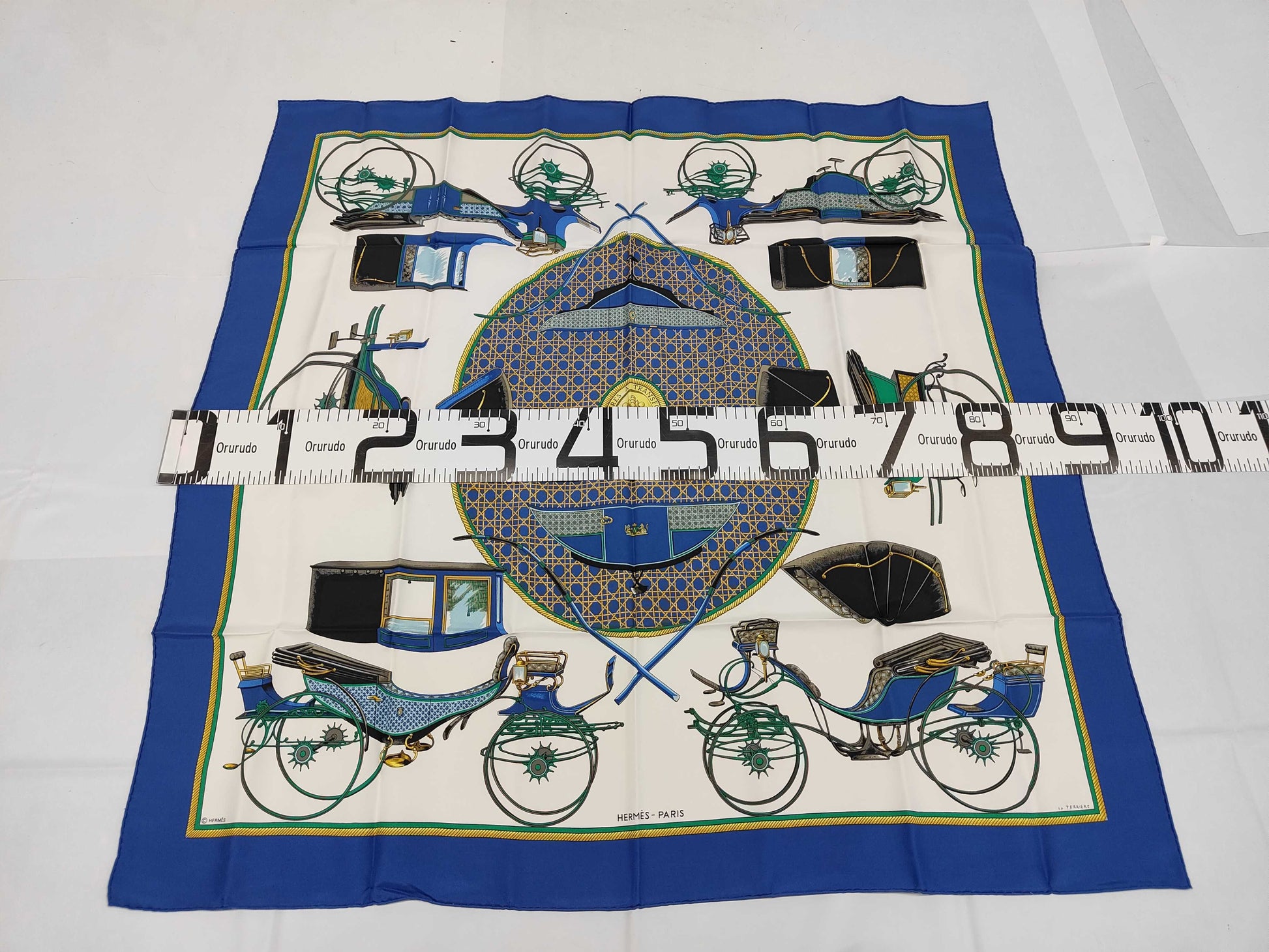 HERMES Silk Carré 90 "Les Voitures a Transformation" Folding Carriage Blue Multicolor Scarf