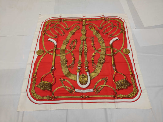 HERMES Silk Carré 90 Gaucho by Hermes Paris, Decorative Saddlery Pattern, Red, Yellow, and White