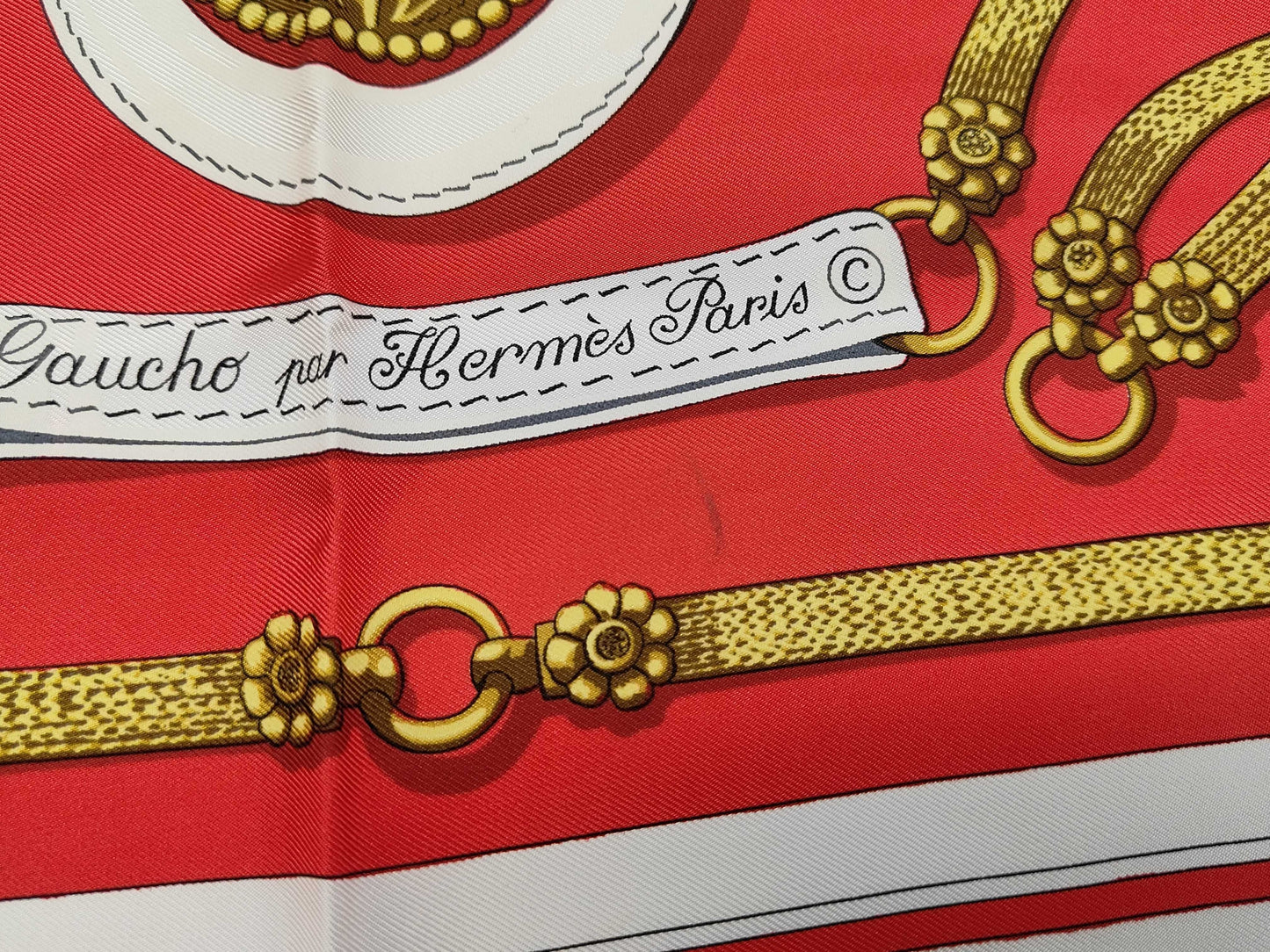 HERMES Silk Carré 90 Gaucho by Hermes Paris, Decorative Saddlery Pattern, Red, Yellow, and White