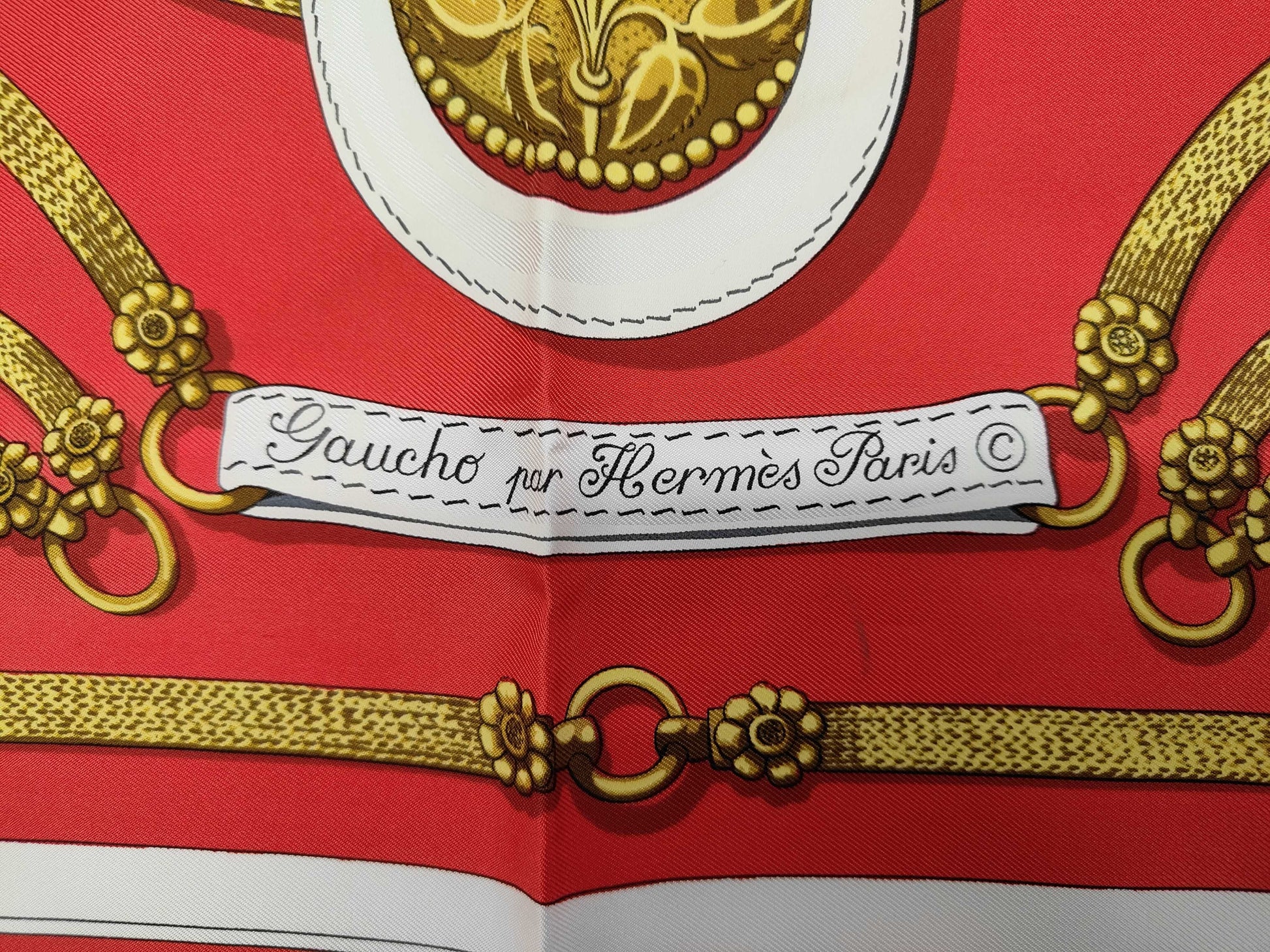 HERMES Silk Carré 90 Gaucho by Hermes Paris, Decorative Saddlery Pattern, Red, Yellow, and White