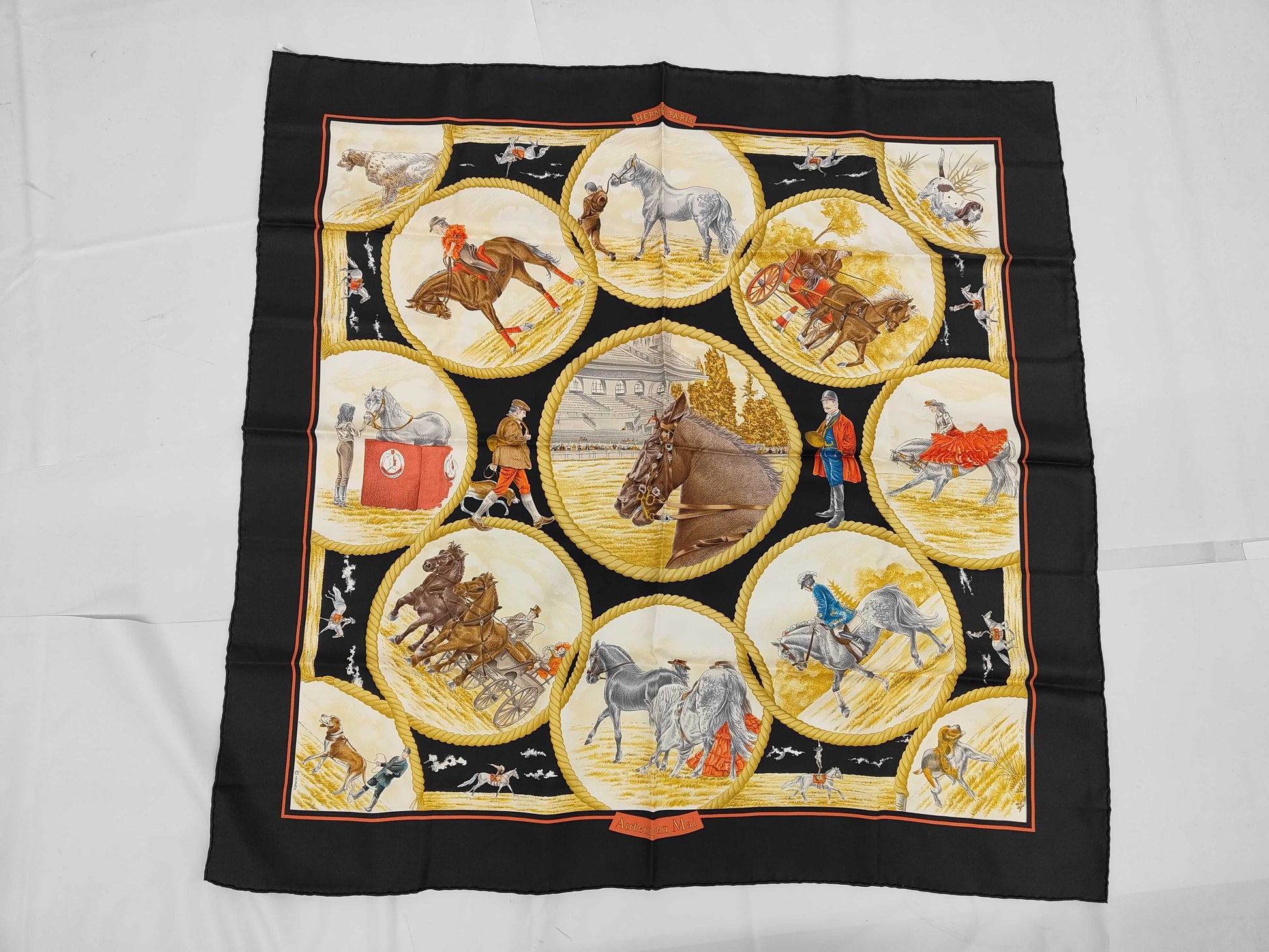 HERMES Silk Carré 90 Auteuil en Mai Black Multicolor Scarf