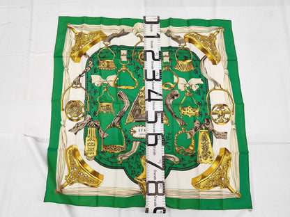 HERMES Silk Carré 90 ETRIERS Armor Scarf Brown Green White Yellow