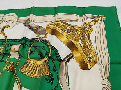 HERMES Silk Carré 90 ETRIERS Armor Scarf Brown Green White Yellow