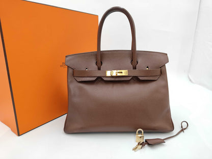 HERMES Birkin 30 Handbag, □D Stamp, Epson, Gold Hardware, Brown, Cloche, Cadena, 2 Keys, Box Included
