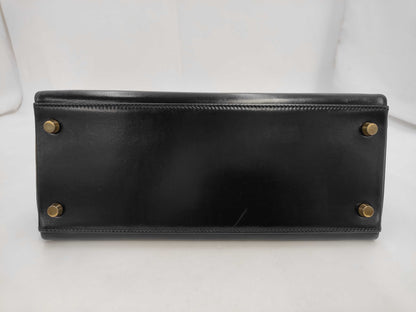 HERMES Kelly 28 Handbag ○ U Engraved Box Calf Inner Stitch Gold Hardware Black Handbag with Strap, Crochet, Cadena, Key x2, Storage Bag
