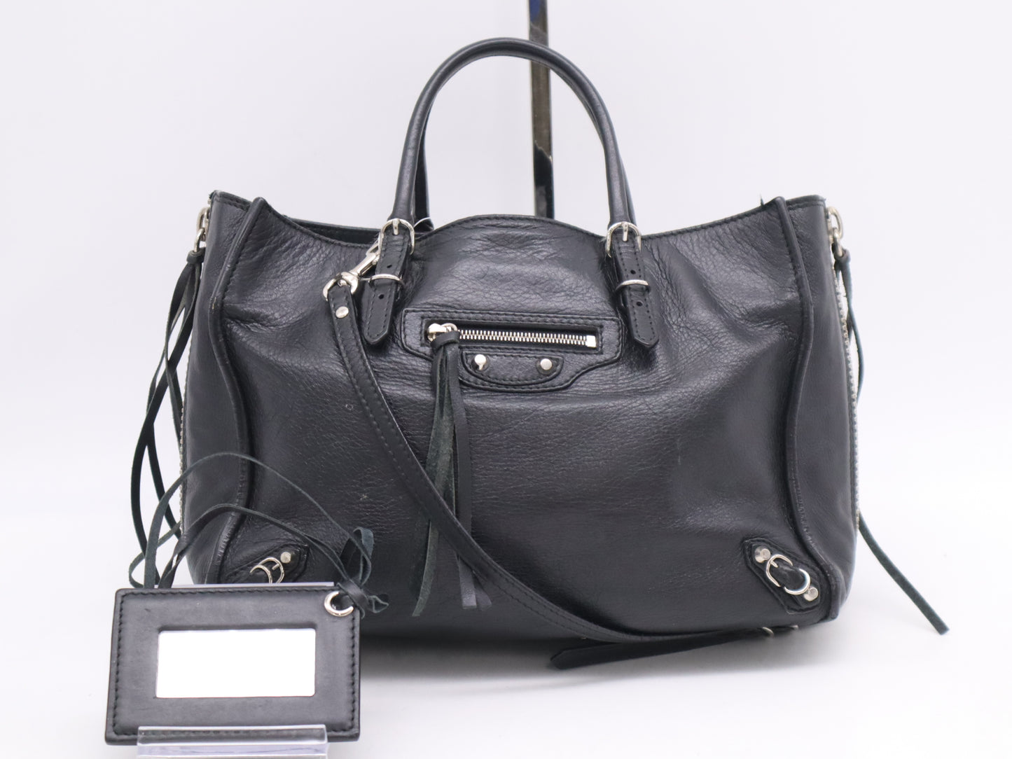 BALENCIAGA Leather Paper Mini Handbag in Black with Shoulder Strap and Mirror