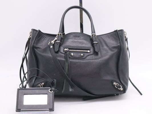 BALENCIAGA Leather Paper Mini Handbag in Black with Shoulder Strap and Mirror