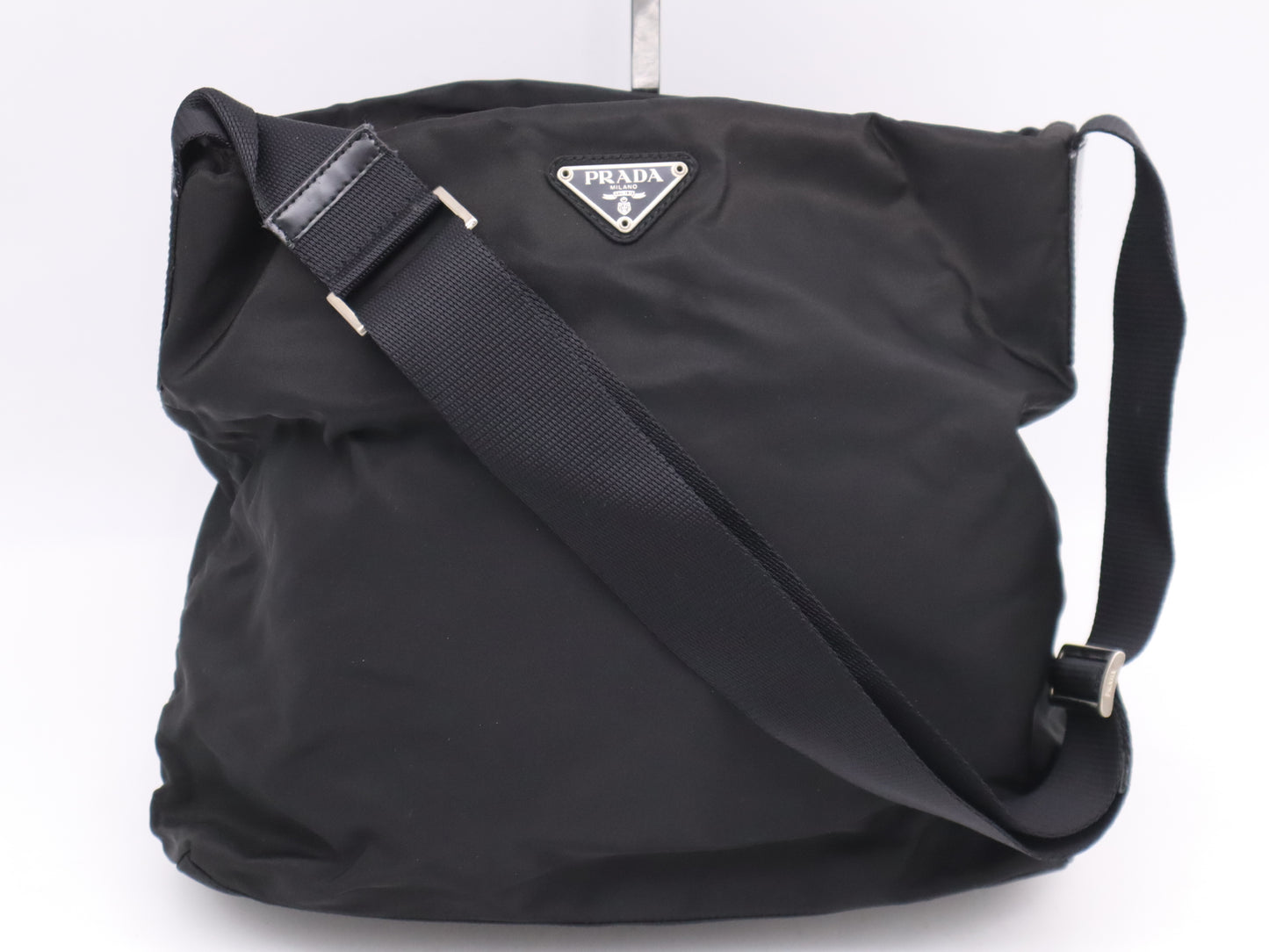 PRADA Nylon Triangle Logo Black Silver Hardware Shoulder Bag