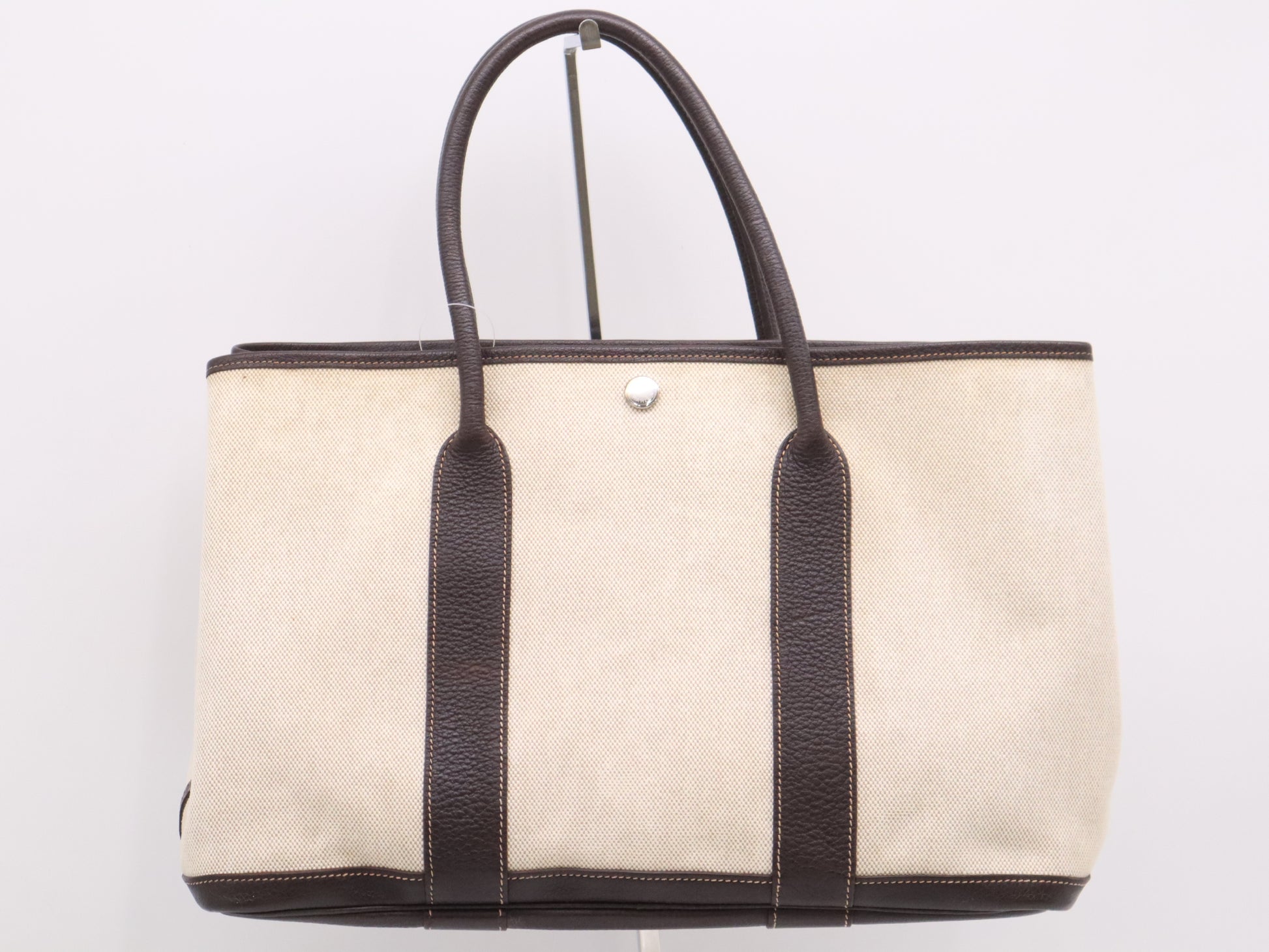 HERMES Canvas x Leather Garden Party PM Tote Bag, Beige/Brown, 2005, Stamped with I